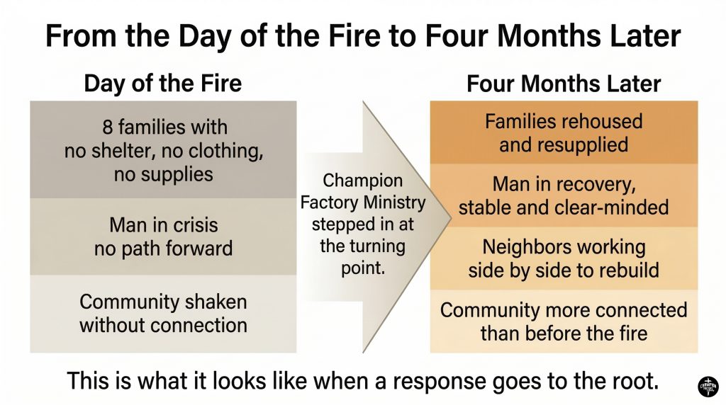 From Ashes to Restoration: How Champion Factory Ministry Responded When Eight Families Lost Everything 2 What Community Transformation Actually Looks Like — Before and After