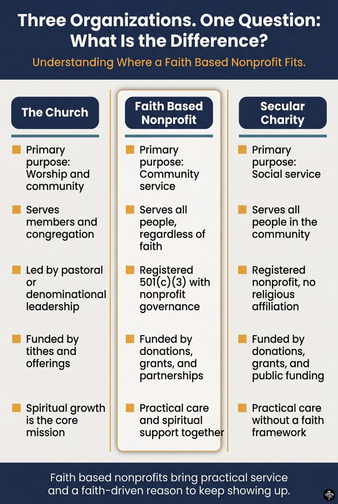 What a Faith Based Nonprofit Is and How It Serves Communities 2 Faith Based Nonprofit vs. Church vs. Secular Charity