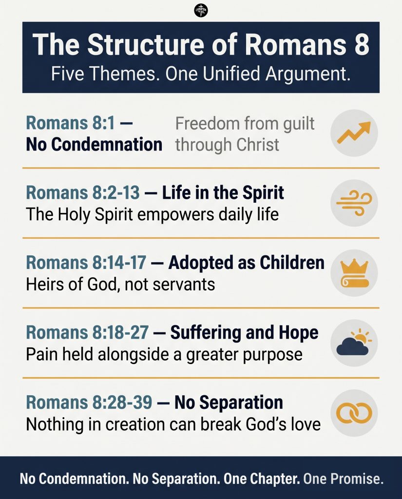 Romans 8 Explained and What It Means for Believers Today 1 The Structure of Romans 8 — From No Condemnation to No Separation